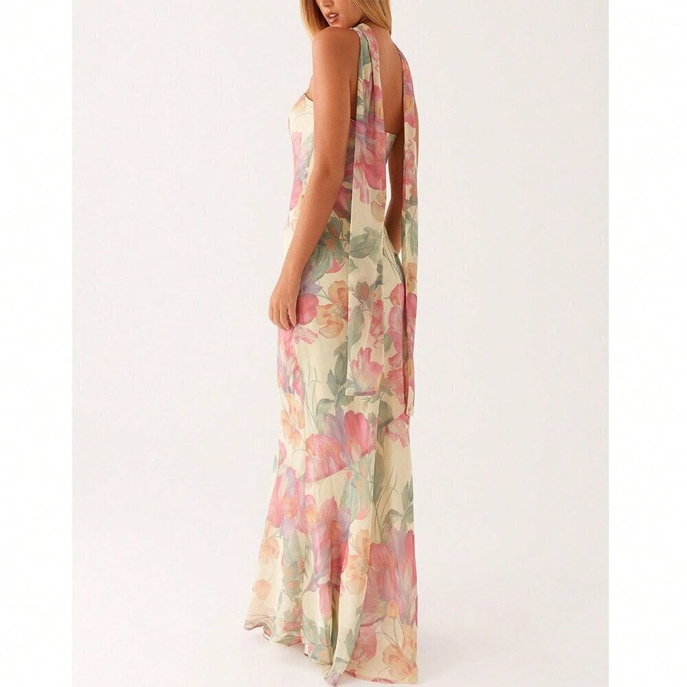 Pink Elegant Women's Floral Strapless Dress Y2k Backless Sleeveless Tube - Picture 5 of 7